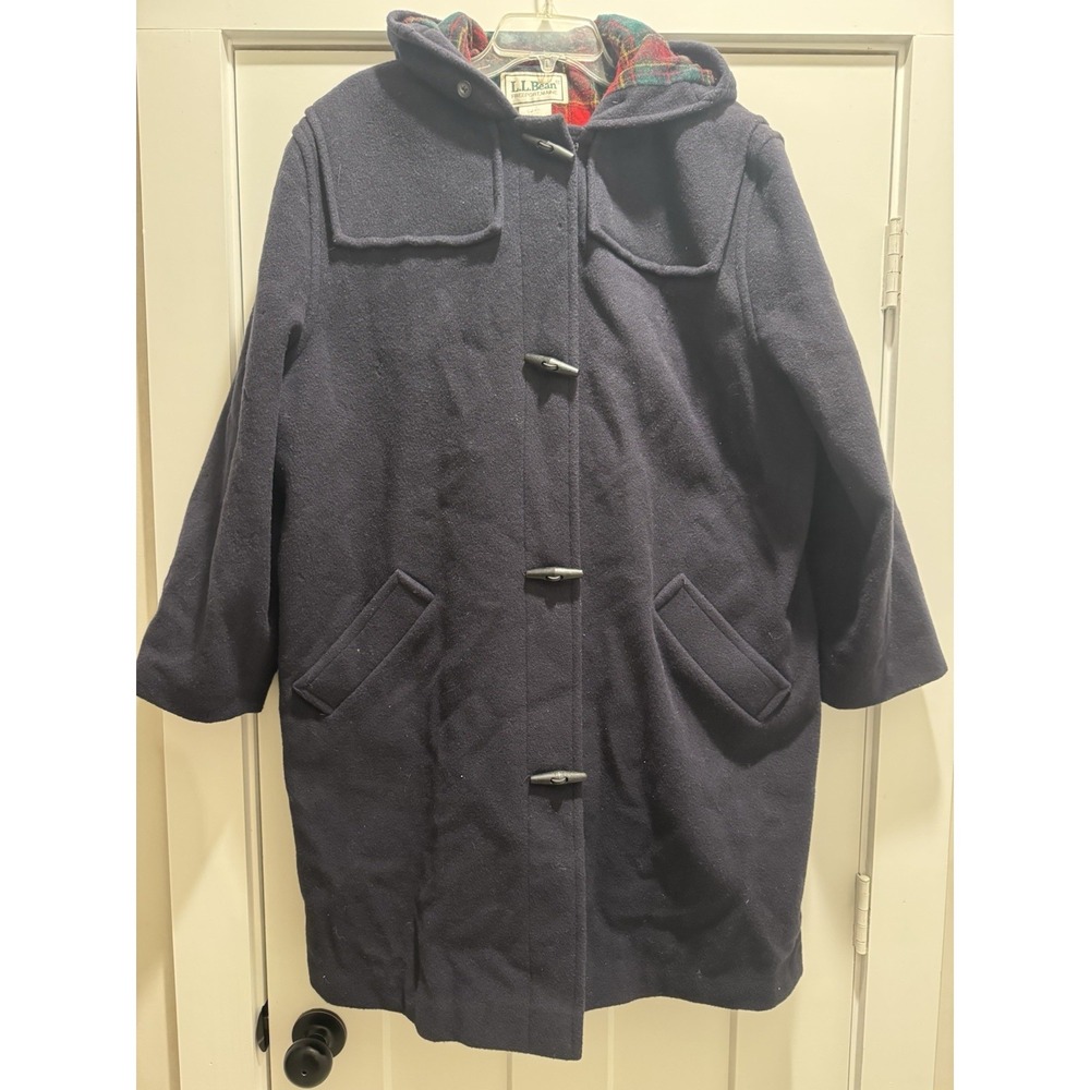Vintage LL Bean Pea Coat Size 16 Navy Blue Wool Hooded Plaid Lining Made In USA - Picture 6 of 16